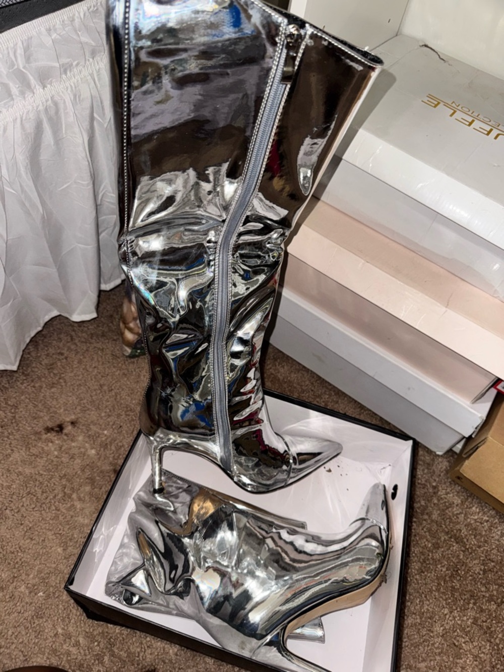 Silver Metallic Knee-High Pointed Toe Stiletto Boots